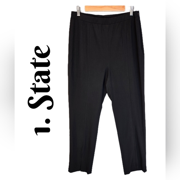 1. State Womens Trousers Sz 14 Black Tapered Front Slit Leg Side Zip Stretch - Picture 1 of 12